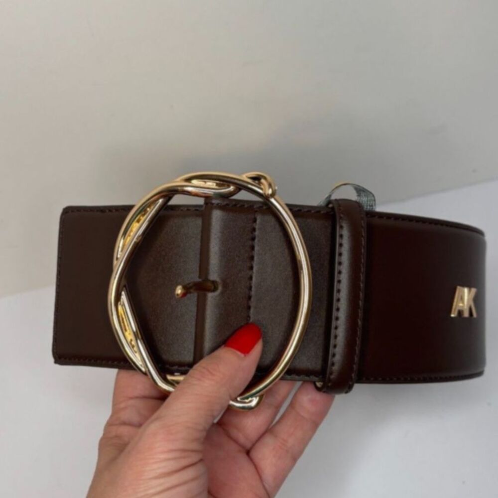 Anne Klein Wide Brown Leather Gold Buckle Belt Adjustable Shiny Womens - Picture 5 of 5